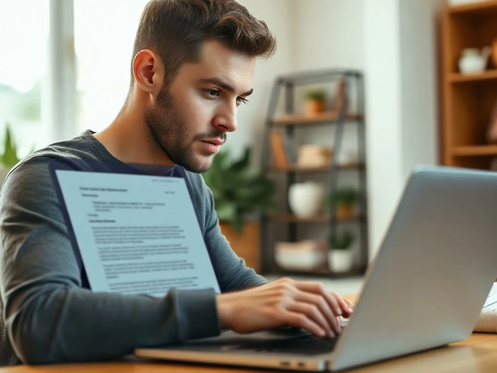 Mężczyzna pracujący przy laptopie, na którego ekranie widać dokument z zastosowanym efektem przekreślenia tekstu.