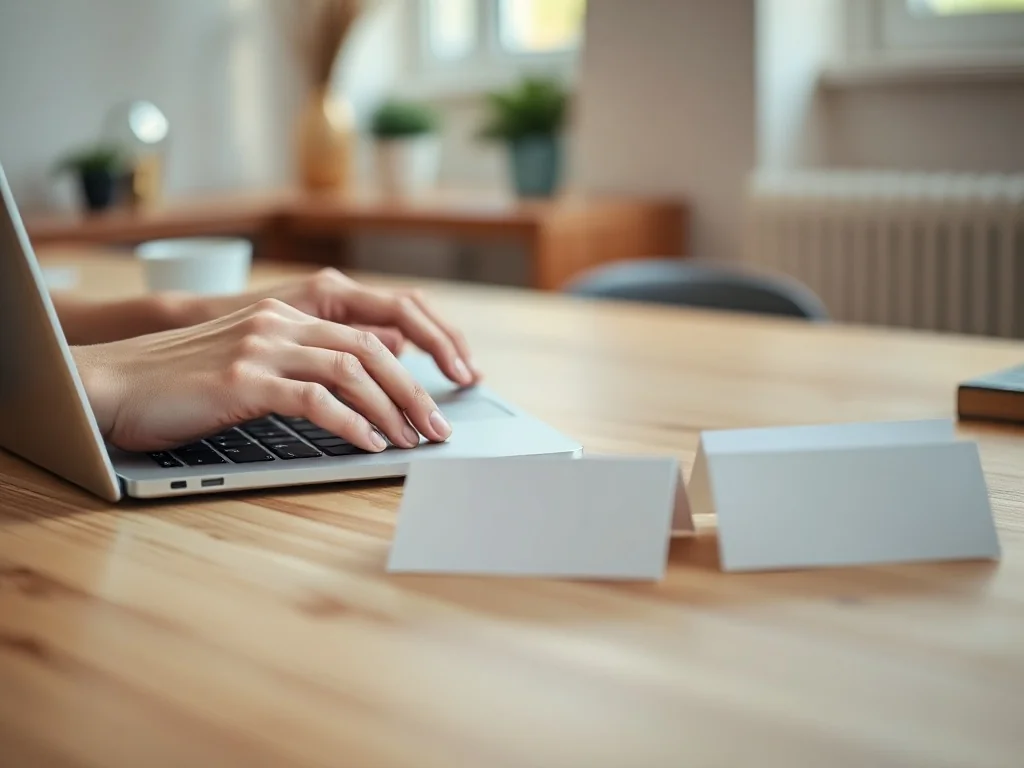 Dłonie przygotowujące puste winietki na laptopie przy biurku, ilustrujące proces tworzenia wizytówek w programie Word.