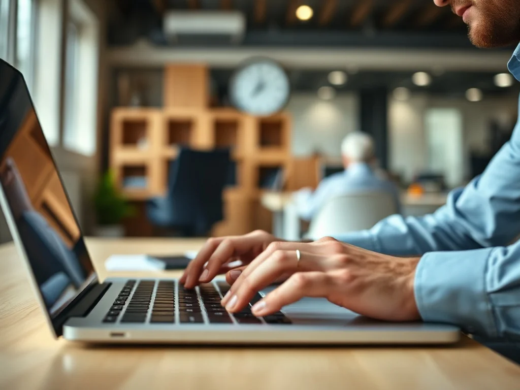 Dłonie osoby piszącej na klawiaturze laptopa w profesjonalnym biurze, ilustrujące pracę nad dokumentem w programie Word.