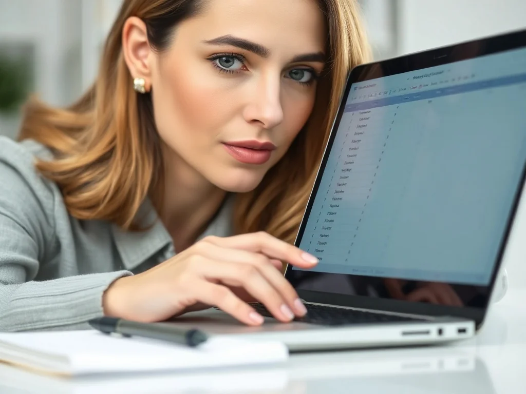 Kobieta pracująca przy laptopie z otwartym arkuszem kalkulacyjnym, na którym widoczna jest lista rozwijana w Excelu.