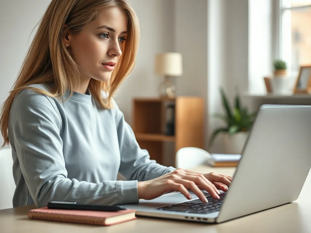 Kobieta pracująca na laptopie w jasnym biurze, skupiona na edycji dokumentu tekstowego.