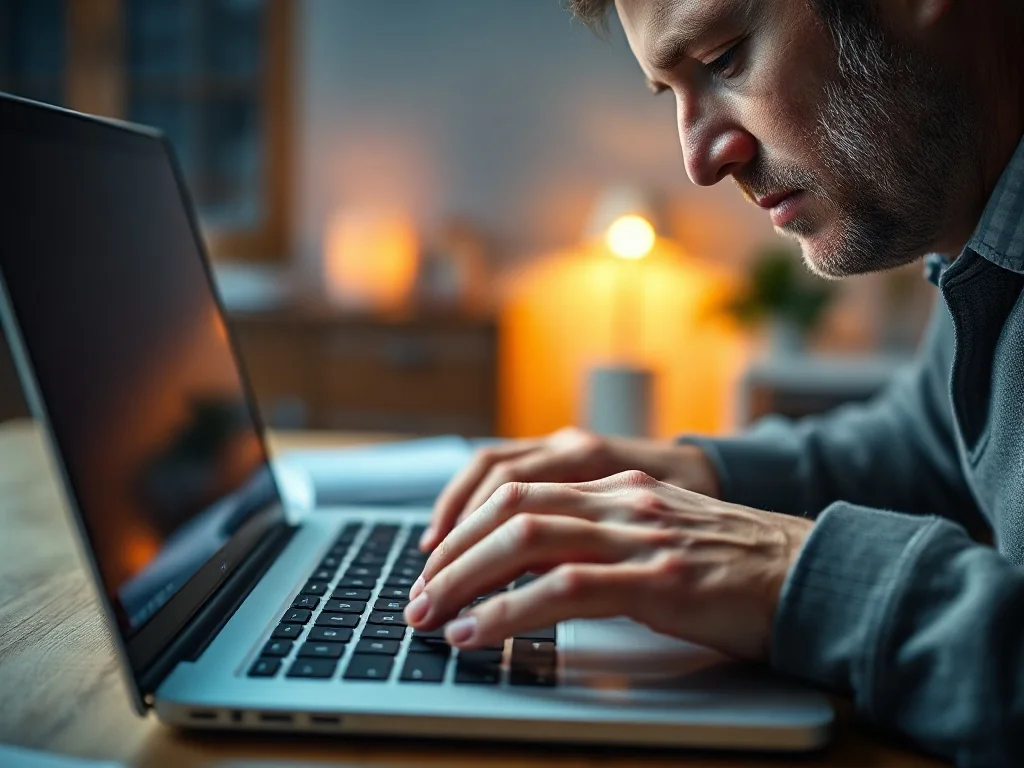 Dłonie mężczyzny piszące na klawiaturze nowoczesnego laptopa w przytulnym domowym biurze.