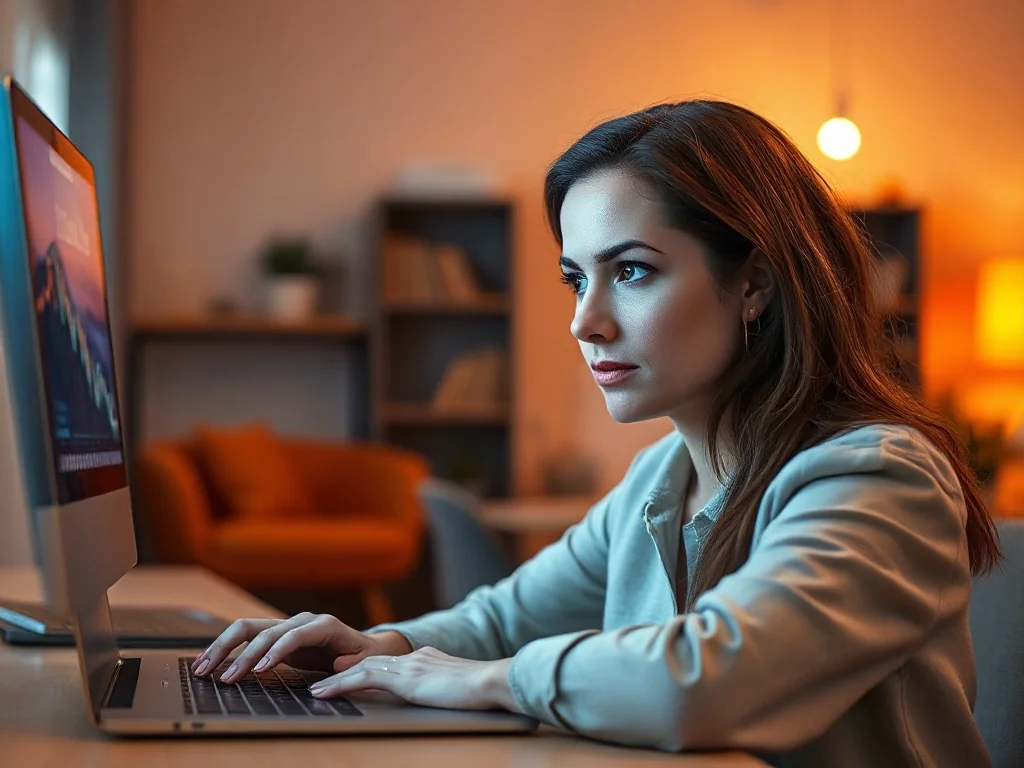 Zaniepokojona kobieta pracująca przy laptopie z arkuszem kalkulacyjnym w domowym biurze.