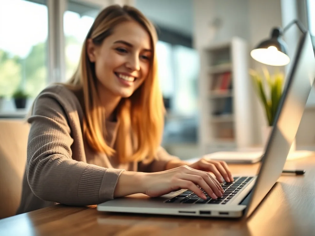 Kobieta uśmiecha się podczas pisania na laptopie w profesjonalnym biurze domowym.