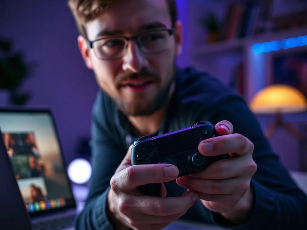 Mężczyzna podłącza bezprzewodowy kontroler Xbox do laptopa w przytulnym pokoju z nastrojowym oświetleniem gamingowym.