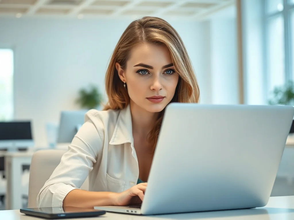 Kobieta skupiona na pracy przy laptopie w nowoczesnym biurze, ilustrująca proces edycji tekstu na komputerze.