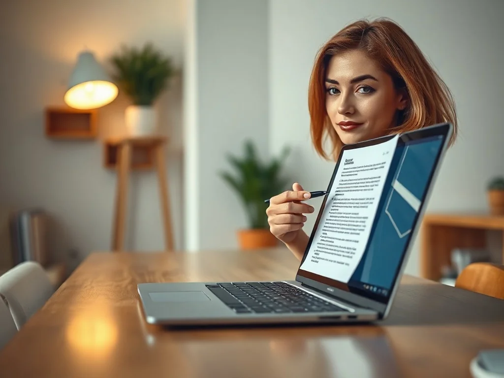 Kobieta wskazuje rysikiem na ekran laptopa, na którym widać dokument Word z jedną stroną w orientacji poziomej.