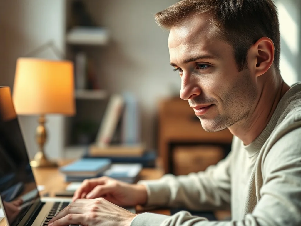 Mężczyzna pracujący przy laptopie w przytulnym domowym biurze, skupiony na pisaniu tekstu.