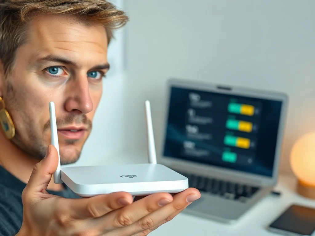 Mężczyzna trzymający nowoczesny router Wi-Fi w jasnym biurze, co ilustruje proces konfiguracji sieci domowej.