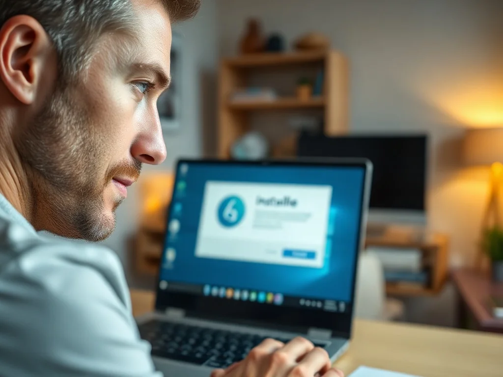 Mężczyzna skupiony na ekranie laptopa podczas instalacji oprogramowania w przytulnym domowym biurze.