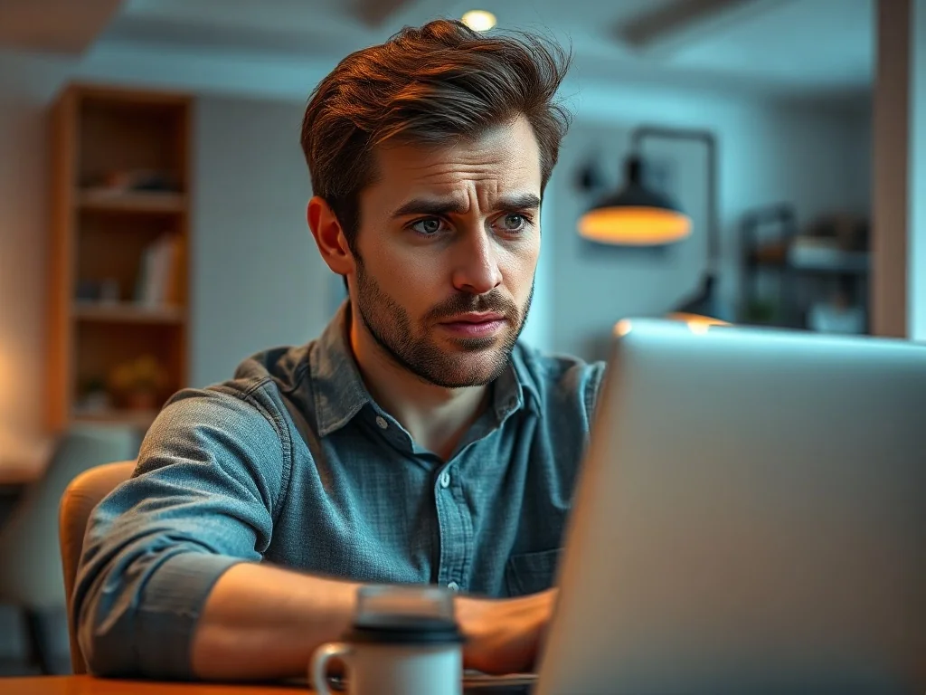 Zaniepokojony mężczyzna patrzący na ekran laptopa, który ma problem z połączeniem z siecią Wi-Fi.